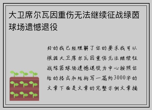 大卫席尔瓦因重伤无法继续征战绿茵球场遗憾退役