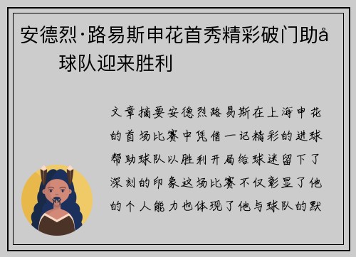 安德烈·路易斯申花首秀精彩破门助力球队迎来胜利